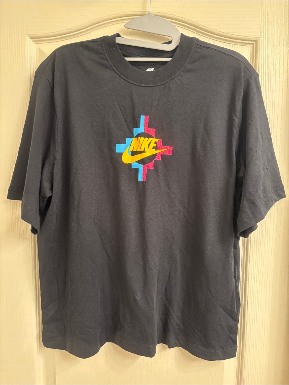 Nike Black T-Shirt with Yellow Swoosh & Pink/Blue Accent